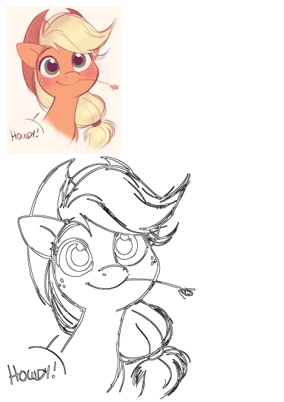 Cute illustration of Applejack from My Little Pony. She's smiling and says "Howdy!", with a piece of hay in her mouth.