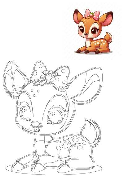Cute fawn with pink polka dot bow, featuring both a vibrant colored illustration and a clear black outline for various creative projects.