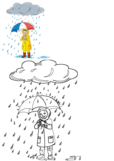 A cartoon of a person in a yellow raincoat holding a red, white, and blue umbrella under a cartoon cloudy sky during a rain shower.