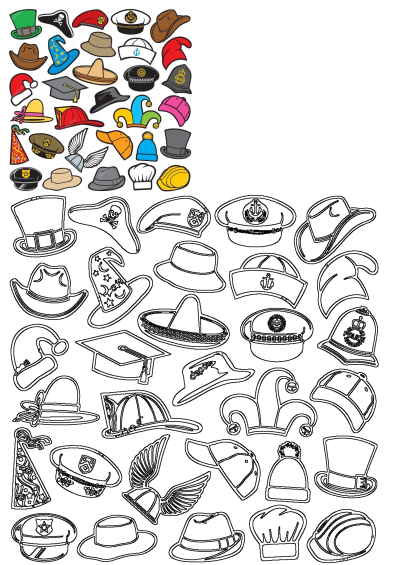 A diverse collection of hats and caps on a white background, including a chef's hat, graduation cap, cowboy hat, jester hat and police cap