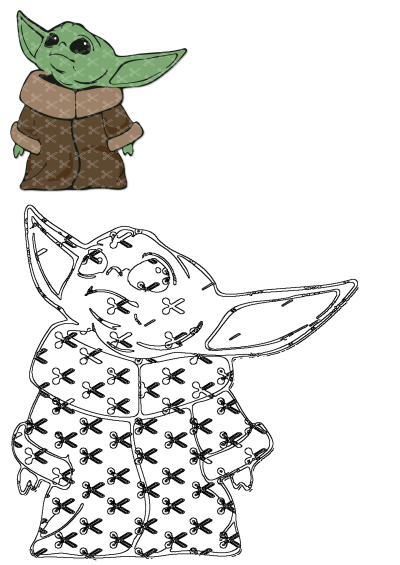 Illustration of Child Yoda from Star Wars wearing a brown and green outfit with crosses on it. Cute baby Yoda in a robe.