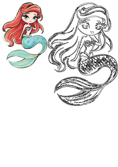 A beautiful illustration of the little mermaid, Ariel, with long red hair and blue eyes, sitting gracefully atop her shimmering teal tail.