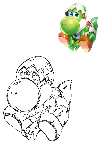 Cartoon image of Yoshi hatching from an egg. The character is in the style of Mario Kart, with bright colors and shiny details.