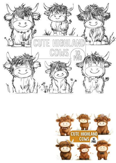 Pin on Products: Delightful PNG set of cute highland cows. Perfect for crafting, digital art, and adding a touch of whimsy to any project.