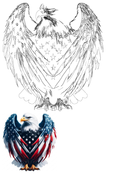 Majestic eagle with the American flag painted on its back and wings spread out, embodying freedom and patriotism. Proud symbol of the USA.