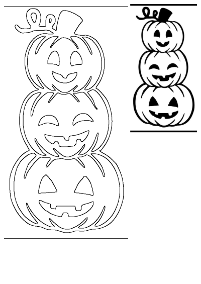 A black and white vector illustration of three smiling pumpkins stacked on top of each other, perfect for Halloween crafts and decor.