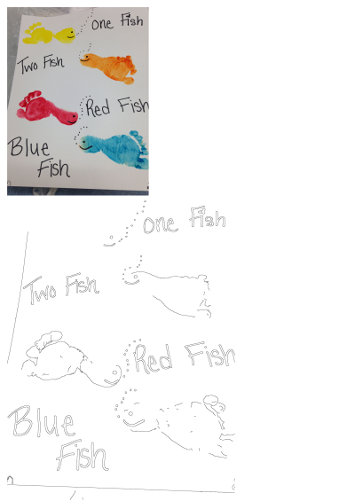 Colorful footprint fish craft featuring one yellow fish, two orange fish, red fish, and blue fish. A fun and educational activity.
