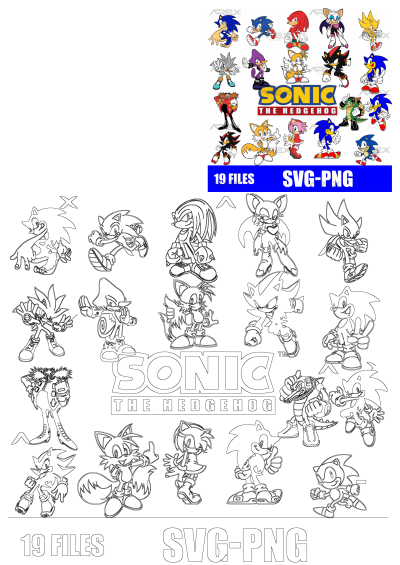 Image features Sonic the Hedgehog cartoon characters in various poses with their names and numbers on them.