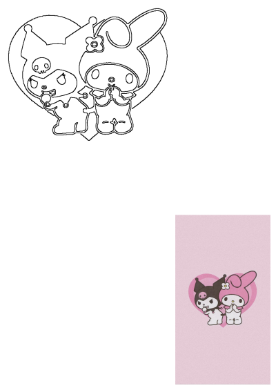 A cute cartoon drawing of Kuromi and My Melody in front of a pink heart on a pink background, perfect for Sanrio fans.
