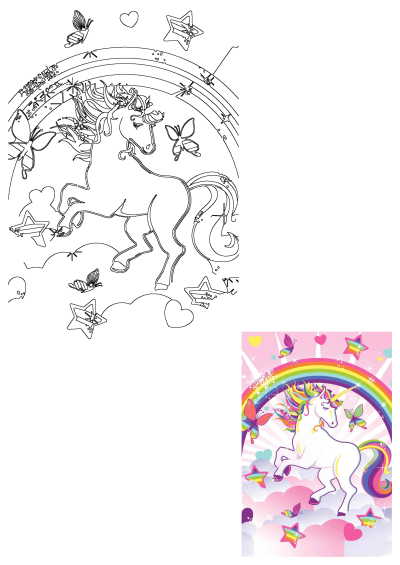 Vibrant unicorn with rainbow mane and tail prancing on clouds under a rainbow with butterflies, stars, and hearts.