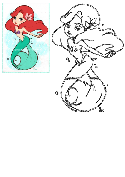 Ariel the Little Mermaid is sitting on top of her tail in a whimsical drawing, red hair and tail curled beneath her. Bubble background.