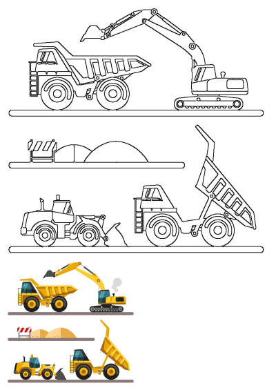 Construction vehicles are shown in three different positions including a dump truck, excavator, and loader in this vector illustration.
