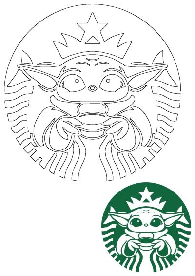 A baby Yoda wearing a crown is embedded into the Starbucks logo, featured in a green circle. A fun mashup of popular culture.