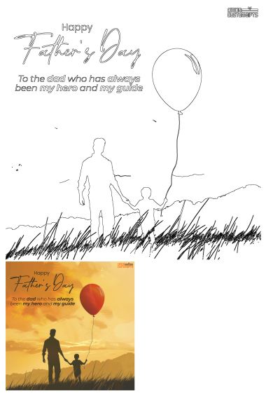 Happy Father's Day image of a father holding his son's hand with a red balloon. Perfect for custom gifts to honor dads.