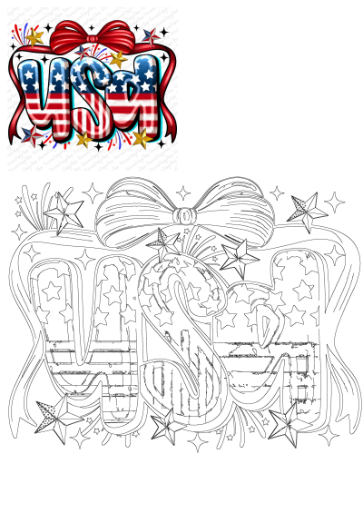 USA letters with an American flag design, topped with a bow and stars. Patriotic image featuring the word USA with an American flag bow and stars.