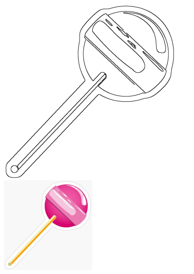 A pink lollipop sticker with two yellow sticks. One is attached to the lollipop, the other stick is placed on top of the lollipop.