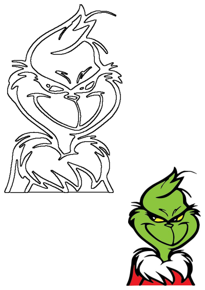 Grinch Christmas character art featuring a black outline template and a vibrant full-color illustration of the mischievous Grinch.