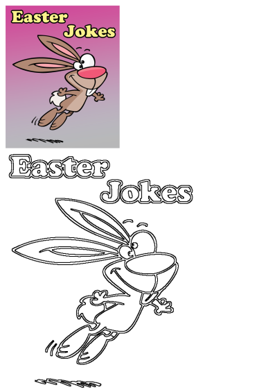 Cartoon easter bunny flying through the air. 'Easter Jokes' in yellow text on top of a pink to grey gradient background. Happy easter image.