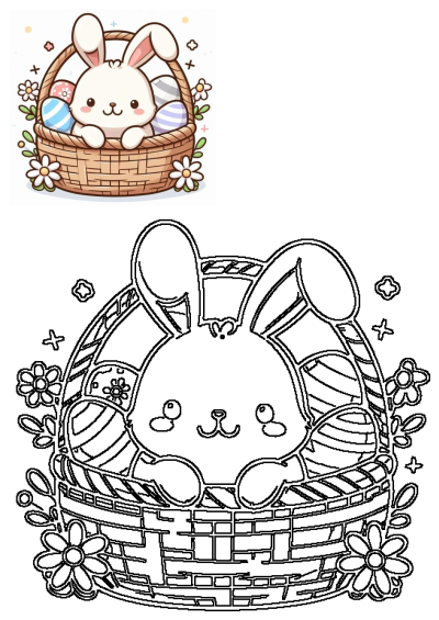 A cute Easter bunny in a basket surrounded by colorful eggs and flowers. A charming and festive image for the holiday!