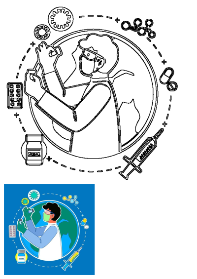 Illustration of a person wearing a face mask and gloves holding a test tube. Covid-19 vaccine research and science in front of a blue background.