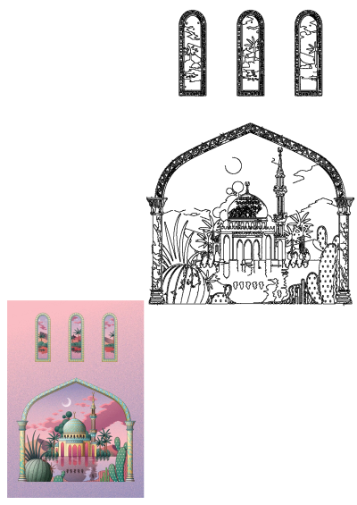 Illustration of a mosque in the desert with cactus and cacti, palm trees, set against a beautiful pink sunset. A serene desert oasis.