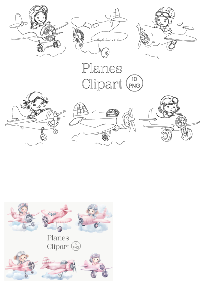 A set of cartoon pink planes flying in the sky with clouds and people on them. Cute watercolor illustrations for kids and baby designs.
