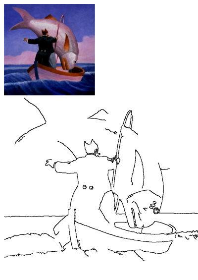 A painting depicts a man in a small boat, dwarfed by a massive fish that's standing on it's tail. The fish is much bigger than the boat.