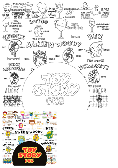 The toy story logo is surrounded by cartoon characters with wine-themed quotes, including Buzz Lightyear, Woody, and others from the iconic franchise.