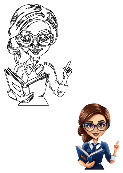A cartoon girl wearing glasses reading a book, indicating the reader pointing with his index finger.