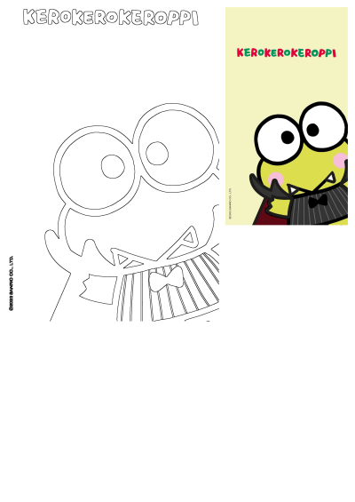 Kero Kero Keroppi in a vampire costume for Halloween. Sanrio character is a green frog with fangs and a cape against a light yellow background.