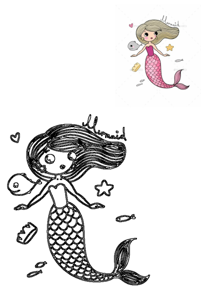 Illustration of a cute little mermaid with long blonde hair, pink tail, floating in water and holding a fish. Cartoon mermaid character.