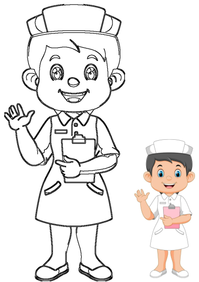 Cartoon image of a smiling nurse in a white uniform and cap, holding a pink clipboard and waving hello. Illustrates healthcare professional.