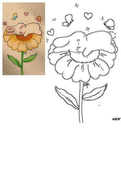 Adorable drawing of a bunny resting on a sunflower. Butterflies and hearts float around this cute illustration adding to the charm. 