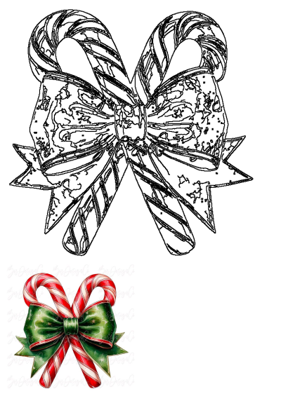 Crossed Candy Canes With Green Bow Christmas Design. Festive red & white striped candy canes tied with a sparkling green bow, in outline & color.