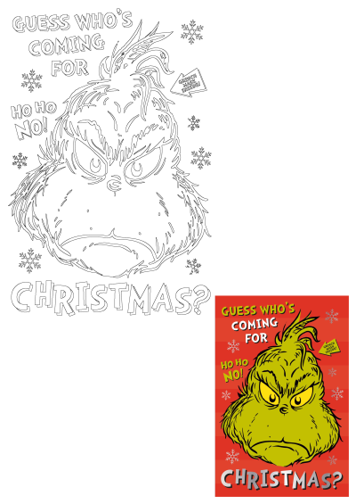 Grinch themed image asks "Guess who's coming for Christmas?". The Grinch face is the focus, set on a red background with snowflakes.