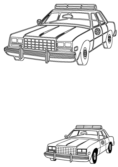 A black and white drawing of a classic police car with a light bar on top, detailed grill, and badge on the door.