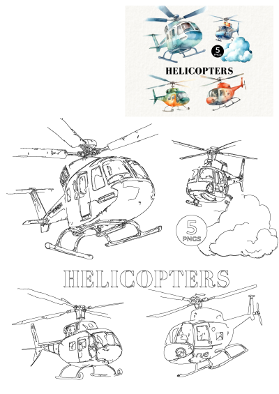 Watercolor helicopter clipart set. Includes five unique helicopter illustrations and a cloud element for creating playful designs. Ideal for aviation themes.