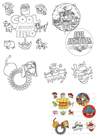Cartoon character stickers on a white background, featuring beloved Toy Story characters alongside the phrase 'cool story bros' and Buzz Lightyear.