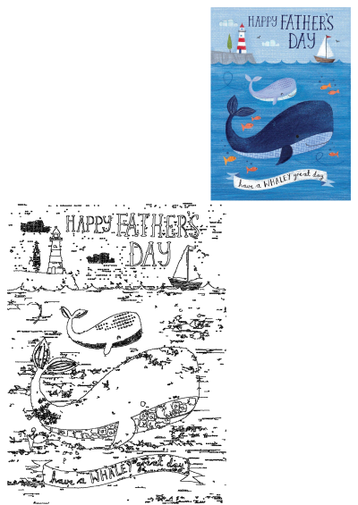 A charming Father's Day card featuring whales and fish swimming in the ocean, with a lighthouse and sailboat adding to the nautical theme.