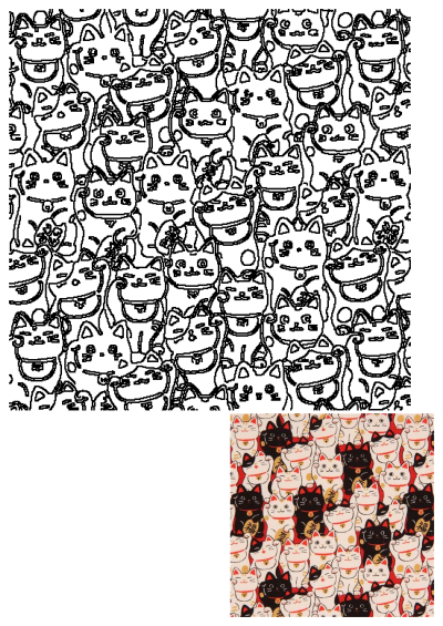 Black and white lucky Maneki Neko cat laminate fabric from Japan. Features a pattern of cute fortune cats bringing good luck. 
