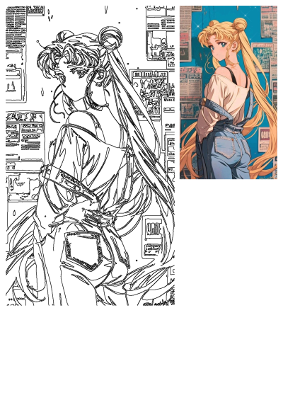 Anime illustration: a blonde haired woman with long hair in overalls, standing in front of a blue wall with newspaper clippings. Casual Sailor Moon.