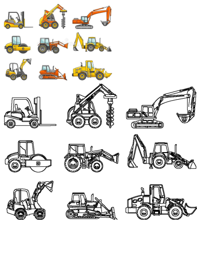 Graphic art workflowchap showcasing various construction vehicles, including the front and back end of an excavator and other heavy machinery.