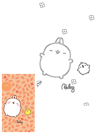 A cute cartoon of Molang, a chubby white rabbit, with Piupiu, a small yellow chick. Set against a peach background with leaf and flower patterns. 