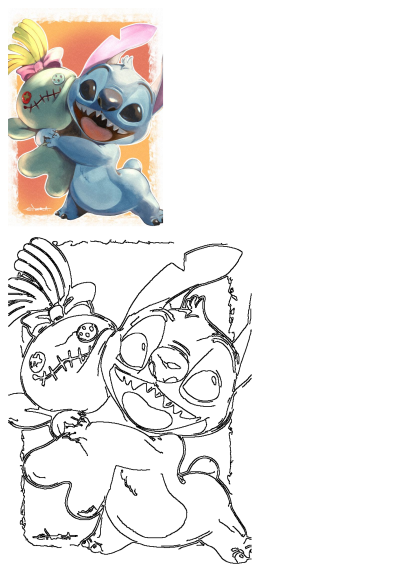 Cartoon illustration of Stitch hugging Scrump, his rag doll, that appears to be dancing. Fun and colorful image of the Disney characters.