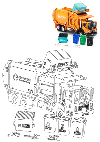 Toy garbage truck featuring three trash cans and two recyclables. This toy promotes recycling concepts and imaginative play.