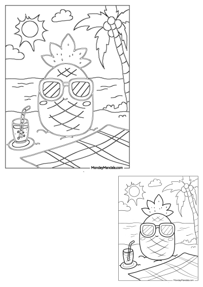 Coloring page of a cartoon pineapple with sunglasses and a drink relaxing on the beach with palm trees and sunshine.