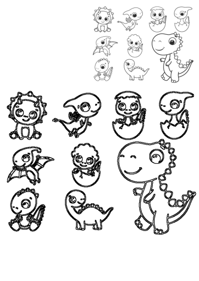 Cartoon dinosaurs and their babies coloring pages featuring cute, line-art dinos including hatched babies and flying dinosaurs. Ready to color!