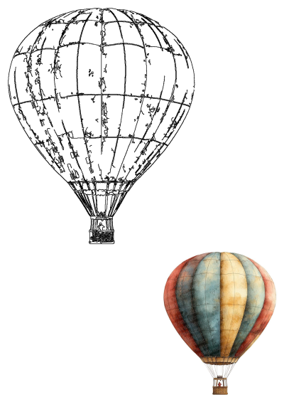 Watercolor painting of a hot air balloon featuring vintage style with red, blue, and yellow stripes. Hand-painted airy scene.
