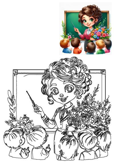 A teacher instructing students in front of a chalkboard adorned with flowers and plants. A charming illustration of classroom learning.