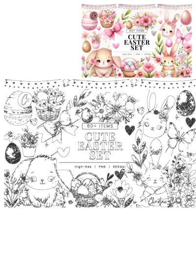 Cute easter bunny clipart set includes pink flowers, eggs and bunnies with bows. perfect for easter themed graphics, invitations, cards.